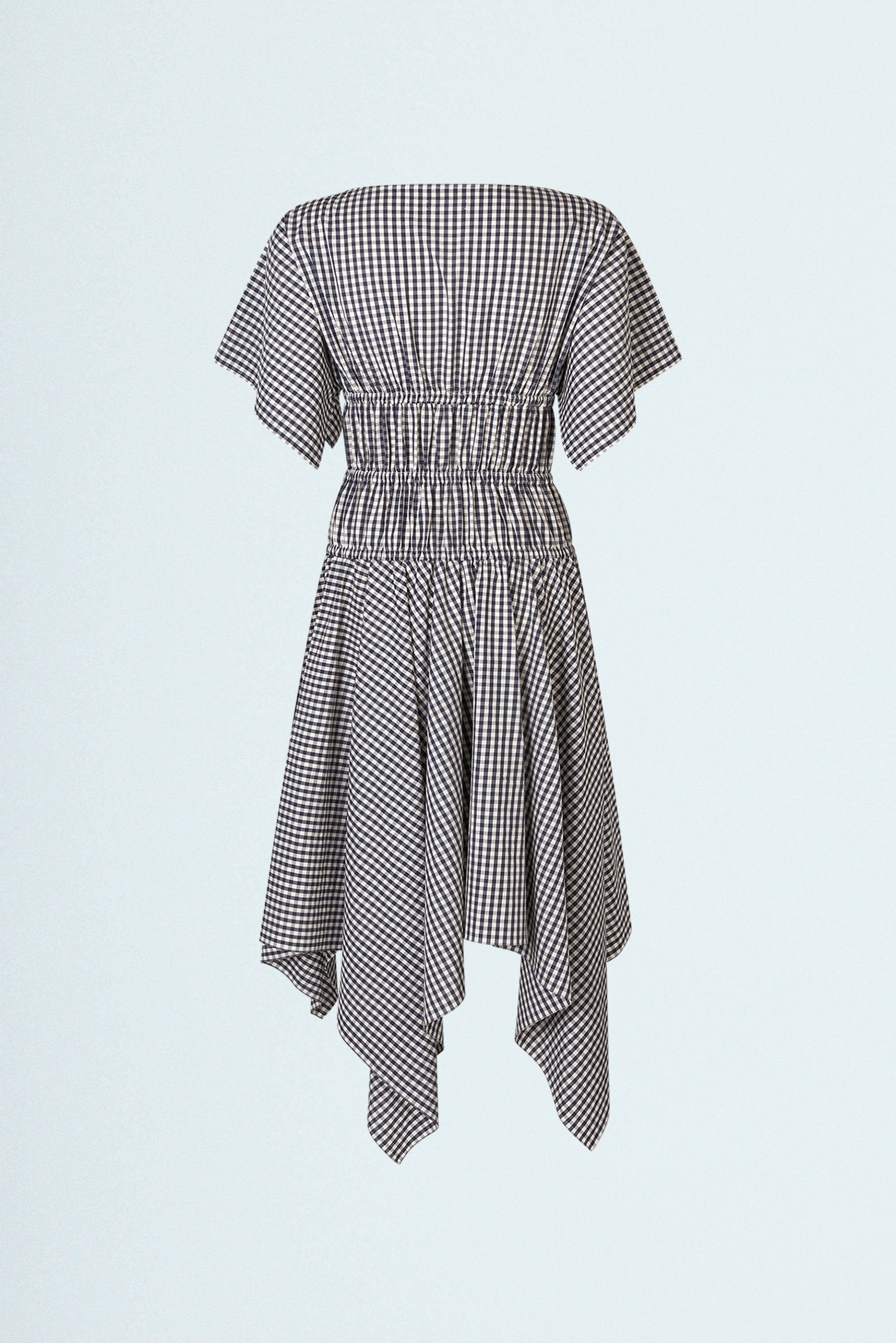 Square Dress Navy. Boat neck · Elastic casing under the bust, around waist and hips · Flared mid length sleeves · The asymmetric skirt is slightly longer in the back · Model is 162 cm and wears size 1 · Made-to-order · Produced locally in Denmark · Material: 100 % organic cotton, yarn dyed gingham · Collection: Gingham Garments. LINÉ